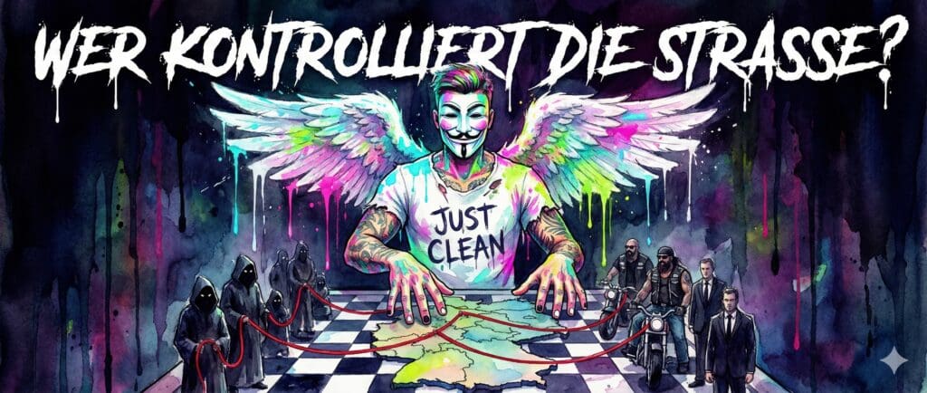 Die bunte NeelixberliN-Figur (Maske, Flügel, Just Clean Shirt) blickt auf eine Deutschlandkarte mit Dealern und Rockern. Titeltext: Wer kontrolliert die Straße?