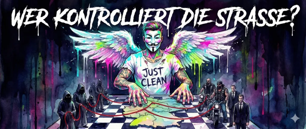 Die bunte NeelixberliN-Figur (Maske, Flügel, Just Clean Shirt) blickt auf eine Deutschlandkarte mit Dealern und Rockern. Titeltext: Wer kontrolliert die Straße?