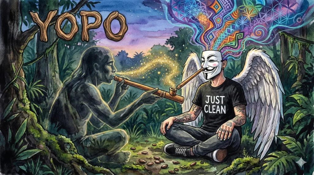 NeelixberliN-Figur erhält Yopo-Schnupf im Dschungel. Visuelle Darstellung der psychedelischen Wirkung. Watercolor Style.