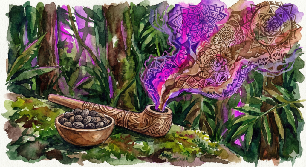 Yopo-Samen, Mörser und ein traditionelles Schnupfrohr (Tepi). Herstellung von Cohoba.