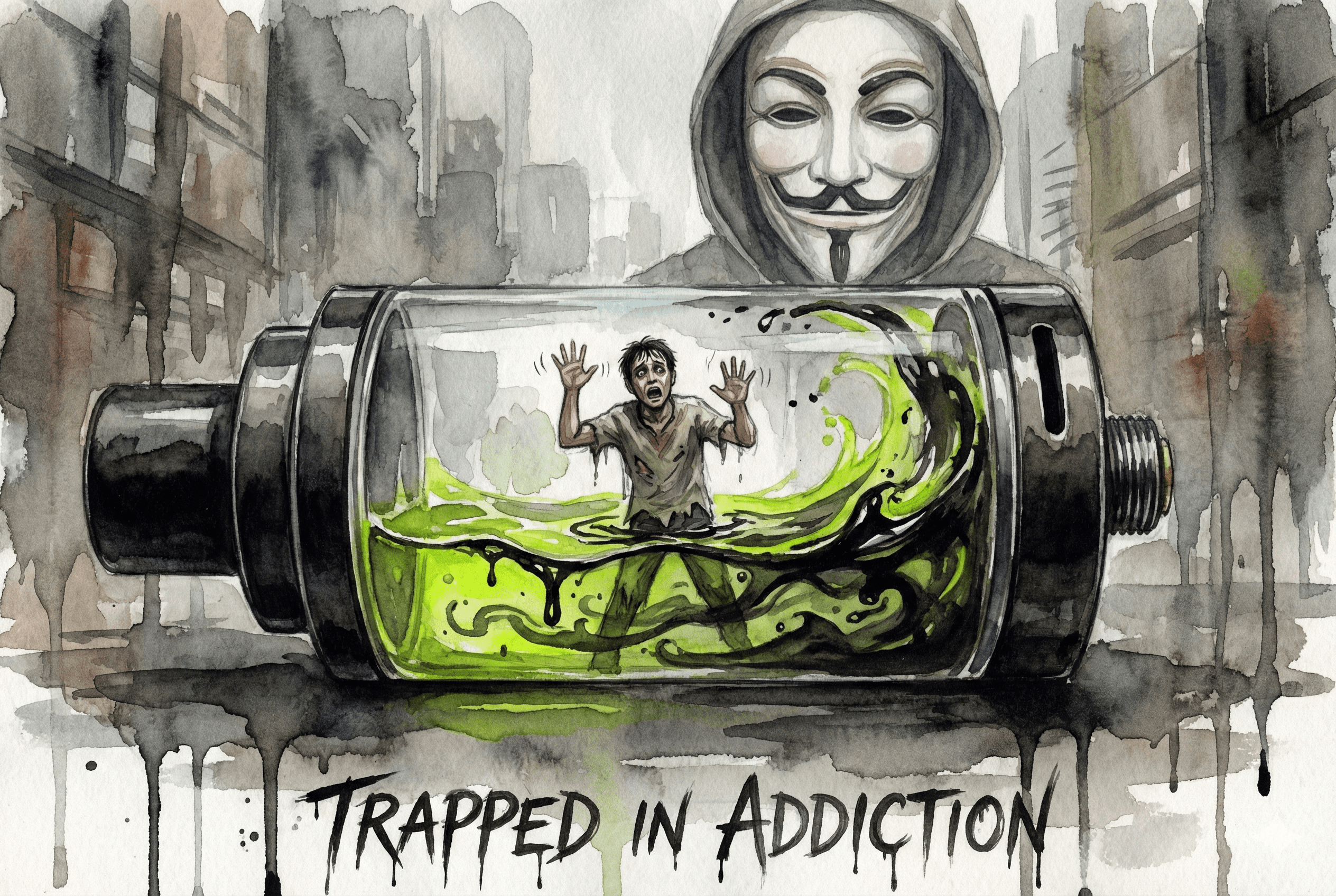 Suchtgefahr Likki: Person gefangen im Vape-Tank, der sich mit giftigem Nitazen-Liquid füllt.