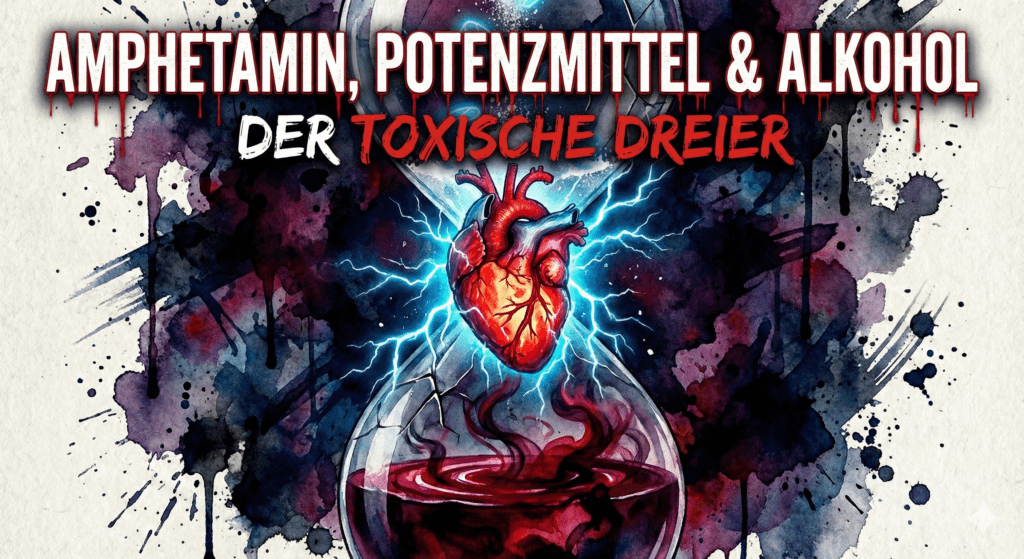 Illustration eines menschlichen Herzens unter Stress durch Amphetamin, Potenzmittel und Alkohol – Herzinfarkt-Risiko.