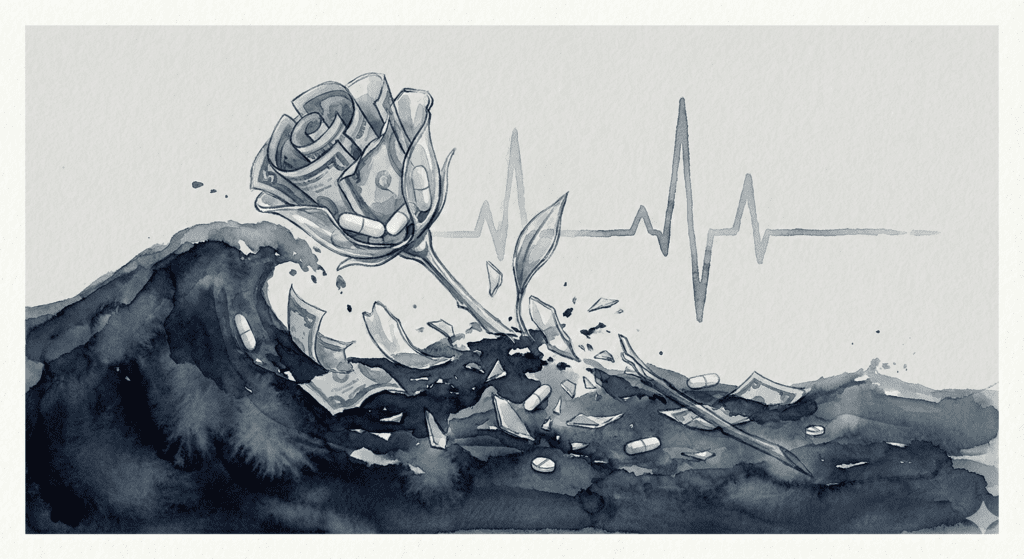 Symbolisches Bild für die lebensgefährlichen Risiken von Drogen-Mischkonsum und Herzversagen.