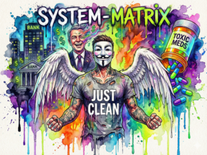 NeelixberliN Figur (tätowiert, Anonymous-Maske, Engelsflügel, 'Just Clean' Shirt, schwarz-weiß lackierte Nägel) steht rebellisch vor einer zerlaufenden Matrix aus Bankgebäuden, Politikern und Big-Pharma-Pillen. Bunter Watercolor-Stil.