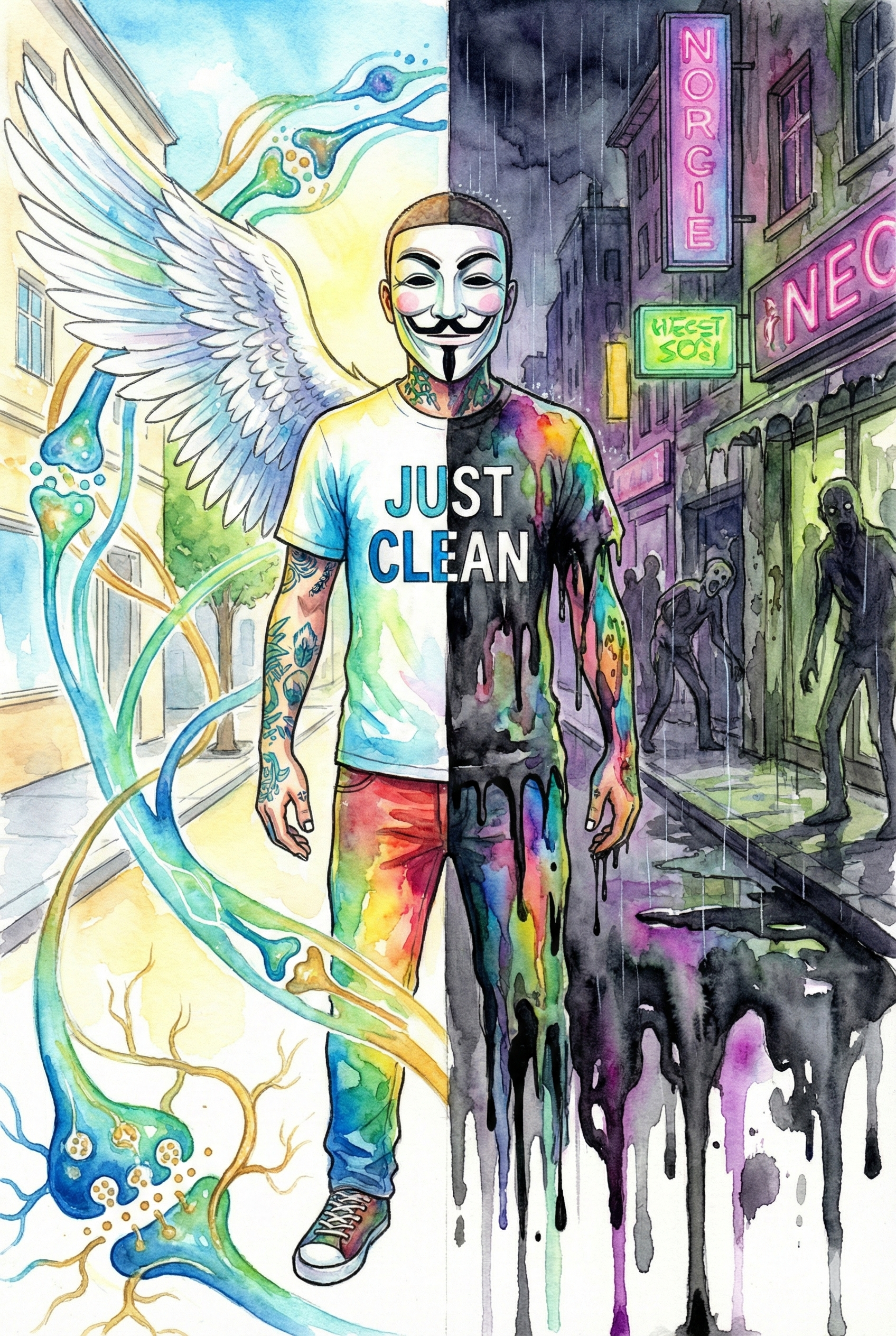 Zerrissenheit in der Sucht: Der bunte NeelixberliN im Split-Screen zwischen einem sicheren neuen Kiez und der dunklen, bedrohlichen Straße des alten Umfelds voller Trigger.