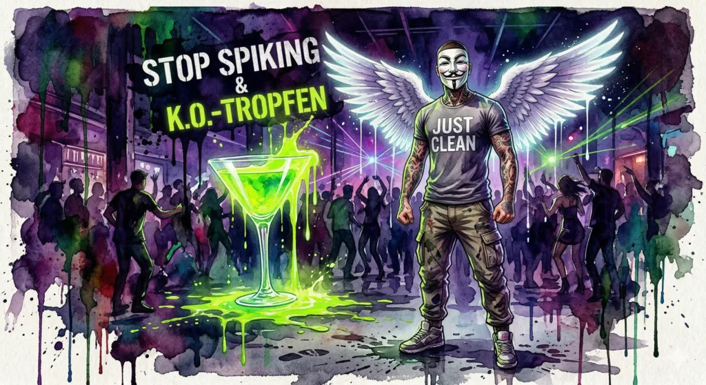 NeelixberliN Figur mit Engelsflügeln und Maske steht schützend in einem dunklen Techno-Club vor einem riesigen Glas, aus dem giftgrüne Flüssigkeit (K.O.-Tropfen) tropft. Bunter Watercolor-Stil.