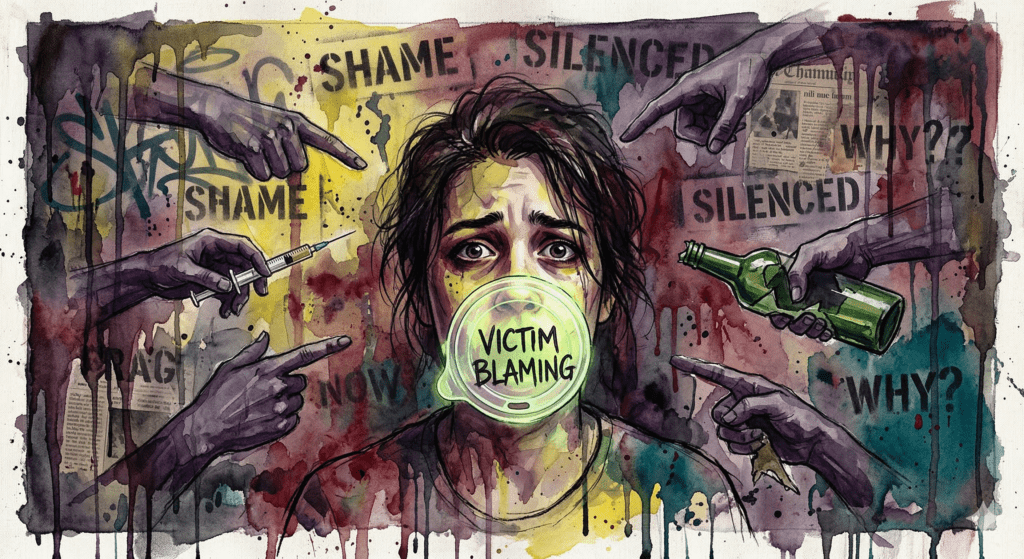 Surreales Aquarell-Portrait einer verängstigten Person. Ihr Mund ist von einem leuchtenden Becherkondom bedeckt. Geisterhafte Hände halten Nadeln (Needle Spiking) und Alkoholflaschen auf sie gerichtet.