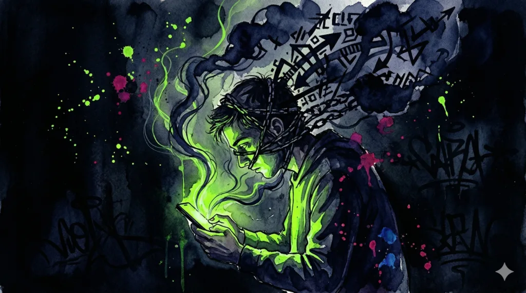 Eine Person sitzt im Dunkeln und wird vom grellen Licht ihres Smartphones hypnotisiert. Rauch aus dem Display formt ein fesselndes Netz um ihren Kopf.