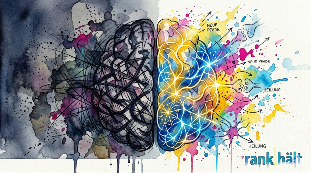 Abstraktes, leuchtendes Gehirn im Watercolor-Stil. Eine Seite dunkel und verheddert (alte Suchtmuster), die andere Seite hell, strukturiert und strahlend (Heilung und Neuroplastizität).