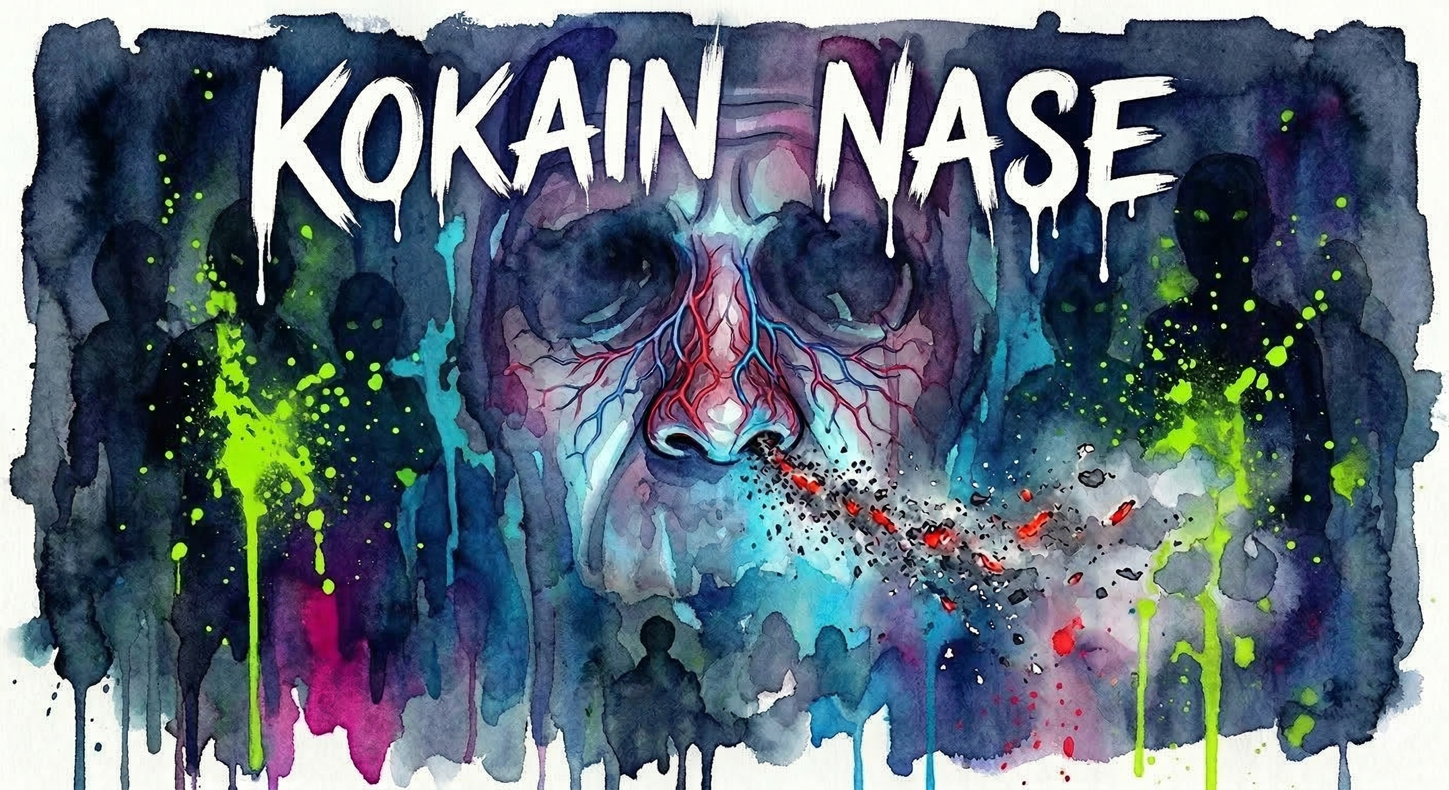 Surreales Aquarell-Portrait im kalten Smartphone-Licht mit einer sich auflösenden Nase (Nekrose) und dunklen Schatten, die massive Kokain-Paranoia und Verfolgungswahn symbolisieren.