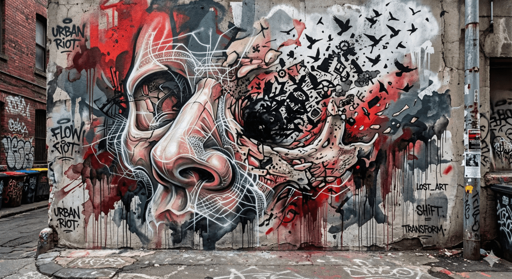 Anatomisches Modell einer menschlichen Nase, die durch toxische weiße Kokain-Pulverlinien umschlungen wird. Ein wachsendes schwarzes Loch (Perforation) zersetzt die Knorpel- und Knochenstruktur wie Säure.