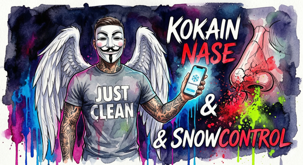 NeelixberliN Figur (mit Engelsflügeln und Maske) hält ein leuchtendes Smartphone mit der Snowcontrol-App, daneben eine zerbröckelnde Nasenscheidewand durch Kokain-Nekrose. Bunter Watercolor-Stil.