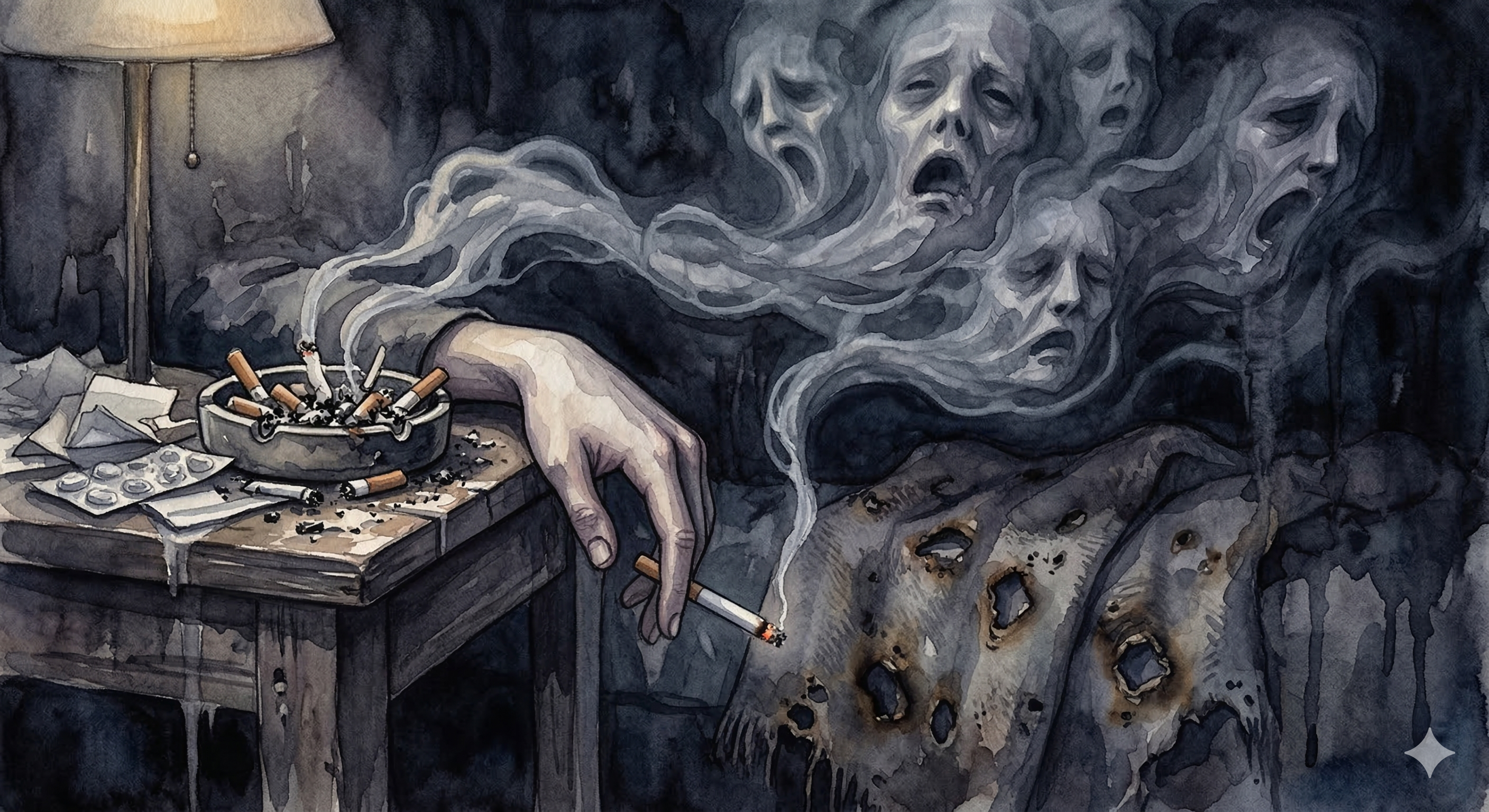 Eine brennende Zigarette fällt aus einer leblosen Hand auf eine von Brandlöchern übersäte Bettdecke. Im Zigarettenrauch steigen geisterhafte, paranoide Gesichter auf. Dunkles, melancholisches Aquarellbild.