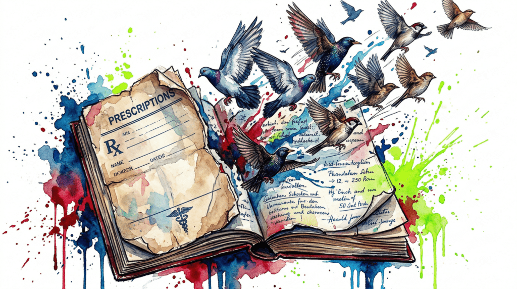 Ein zerrissenes medizinisches Rezeptbuch, dessen Seiten sich in einen Schwarm fliegender Vögel verwandeln, im Aquarell-Stil. Symbol für den Ausbruch aus klinischen Suchthilfe-Strukturen.