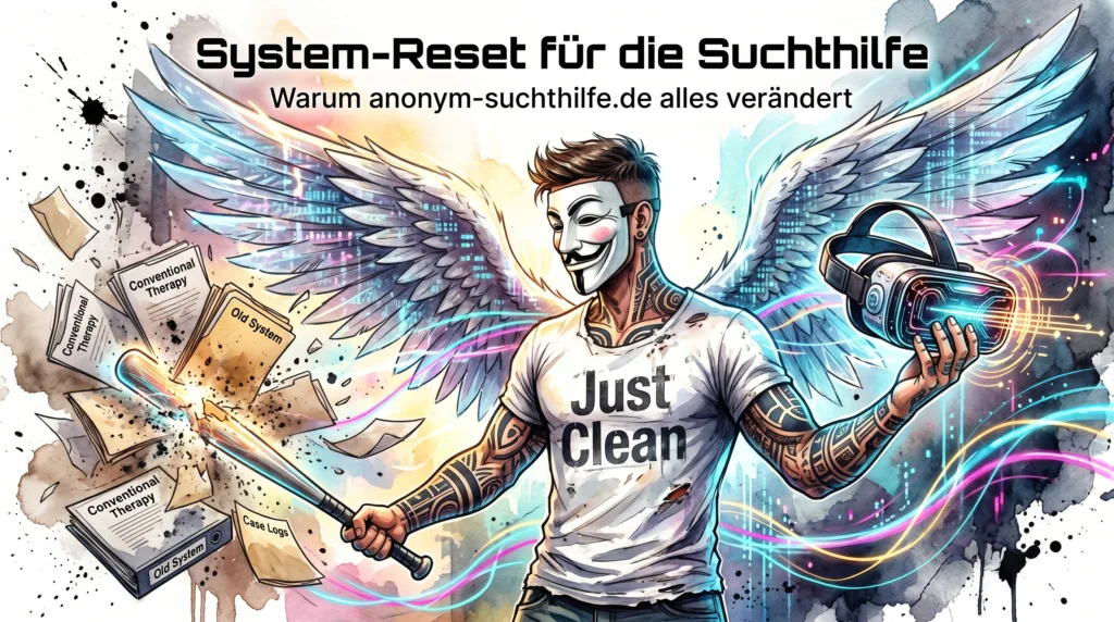 Die NeelixberliN Marken-Figur zerschlägt alte Therapie-Akten und hält ein leuchtendes VR-Headset in der Hand. Symbol für die digitale Revolution der Suchthilfe.