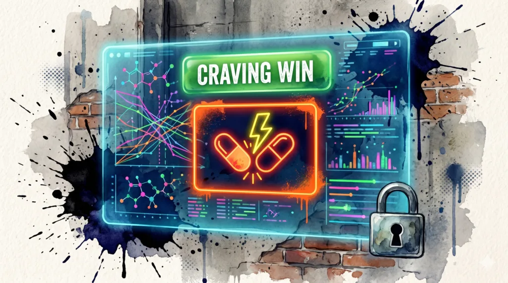 Ein leuchtendes digitales Interface im Aquarell-Stil zeigt eine orangefarbene Warnung vor Medikamenten-Wechselwirkungen, einen "Craving Win"-Button und ein Datenschutz-Schloss.