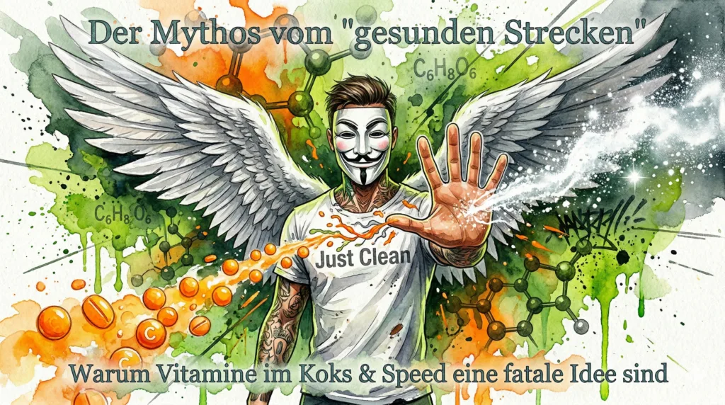 NeelixberliN Markenfigur stoppt das Mischen von weißen Pulvern mit Vitamin C Pillen. Symbol für die Gefahr des "gesunden Streckens" von Drogen.