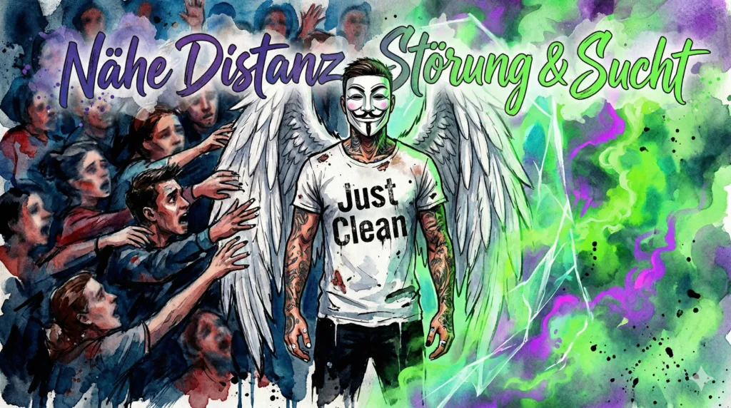 Die NeelixberliN Markenfigur steht zerrissen zwischen bedrohlich wirkenden Menschen, die nach ihr greifen, und einer schützenden, aber isolierenden Wolke aus chemischem Rauch. Symbol für Bindungsangst und Suchterkrankung.