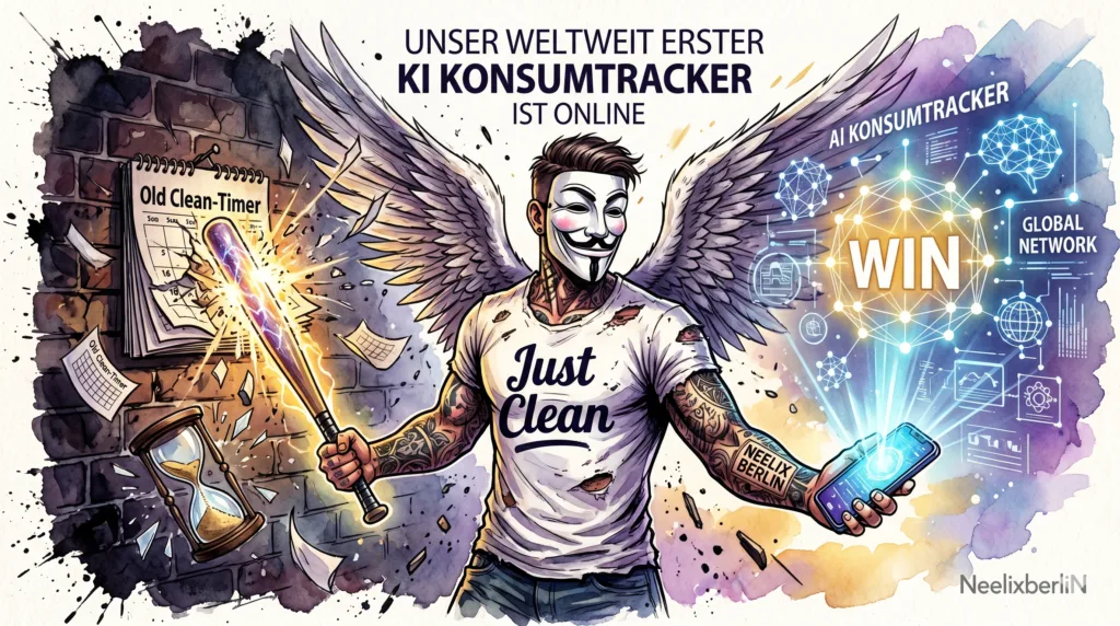 Die NeelixberliN Marken-Figur zerschlägt einen klassischen Kalender und hält ein leuchtendes, futuristisches Smartphone in der Hand. Symbol für die Ablösung toxischer Clean-Timer durch PWA-Technologie.