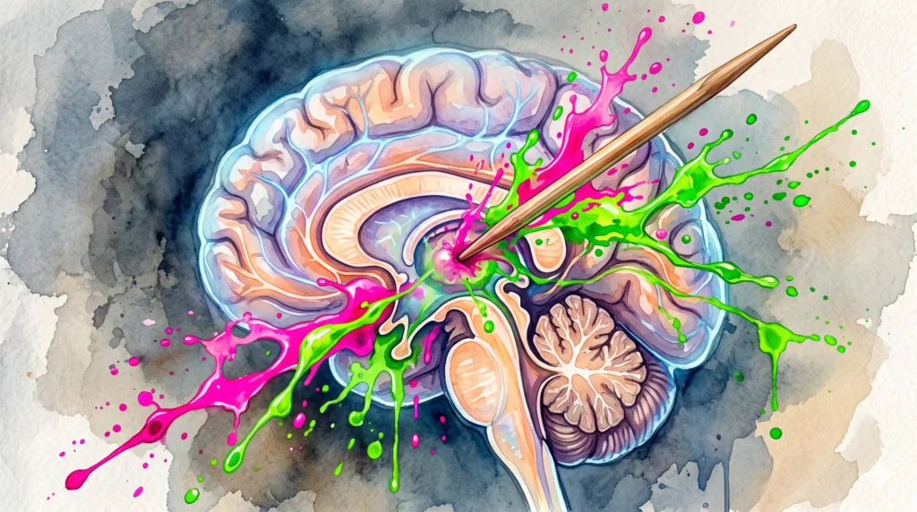 Aquarell eines jugendlichen Gehirns, in das ein hölzerner Zahnstocher eindringt und eine massive Flut an toxischen Farben injiziert. Symbolisiert die schnelle Suchtentwicklung.