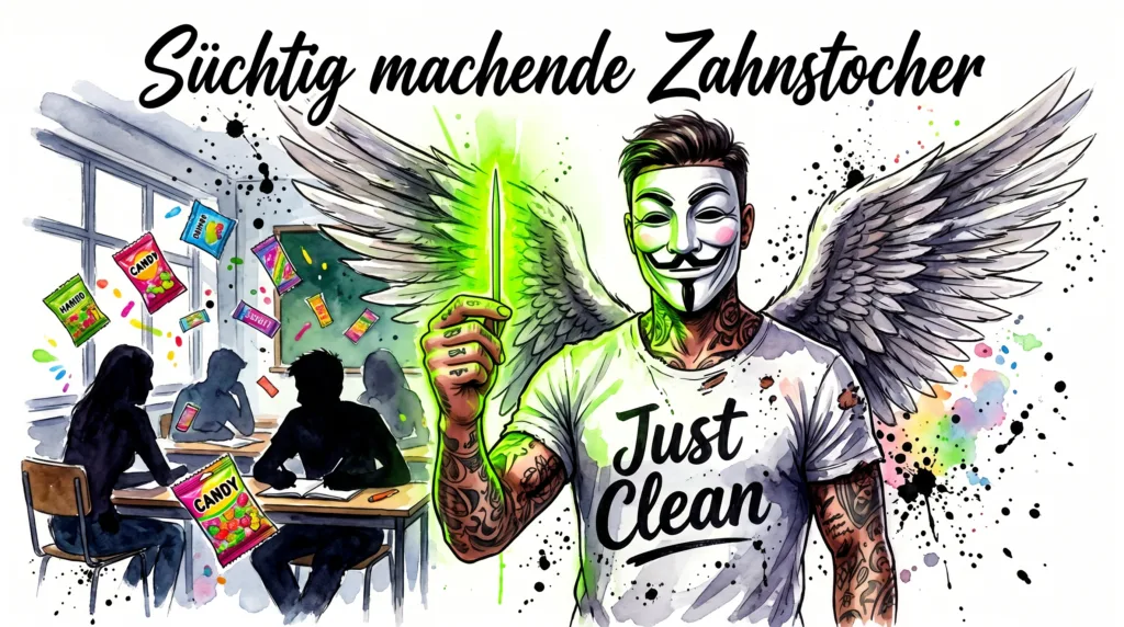 Die NeelixberliN Marken-Figur hält warnend einen leuchtenden, toxischen Zahnstocher hoch. Im Hintergrund verschwommene Teenager im Klassenzimmer. Symbol für den unsichtbaren Nikotin-Trend.