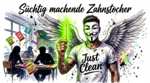 Die NeelixberliN Marken-Figur hält warnend einen leuchtenden, toxischen Zahnstocher hoch. Im Hintergrund verschwommene Teenager im Klassenzimmer. Symbol für den unsichtbaren Nikotin-Trend.