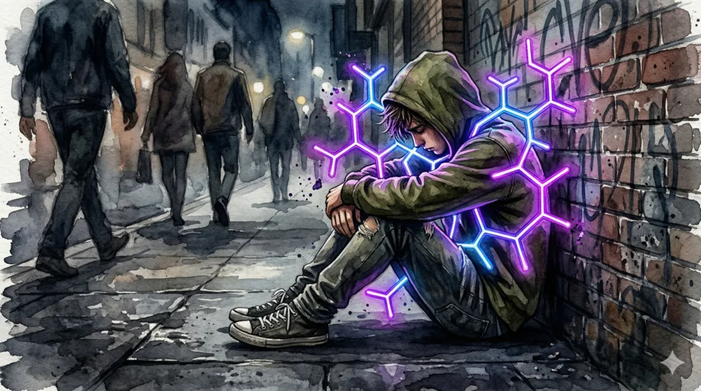 Ein einsamer Mensch umarmt eine leuchtende, chemische Wolke wie eine wärmende Decke, während echte Menschen im Hintergrund nur kalte Schatten sind.