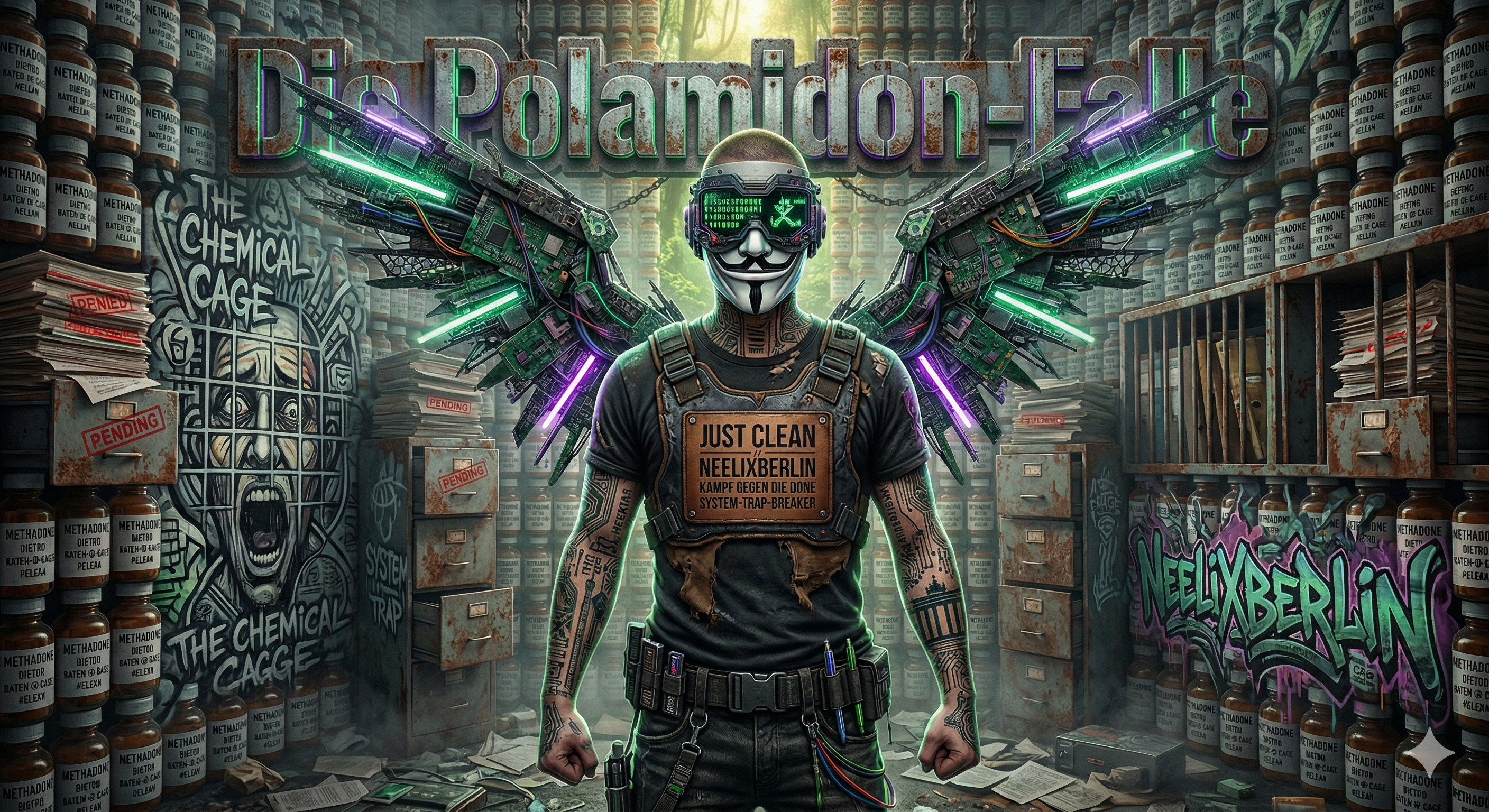 Aus einer zerbrochenen Spritze auf dem Asphalt wachsen leuchtende, wilde Blumen. Symbol für den erfolgreichen Entzug und den Neubeginn.