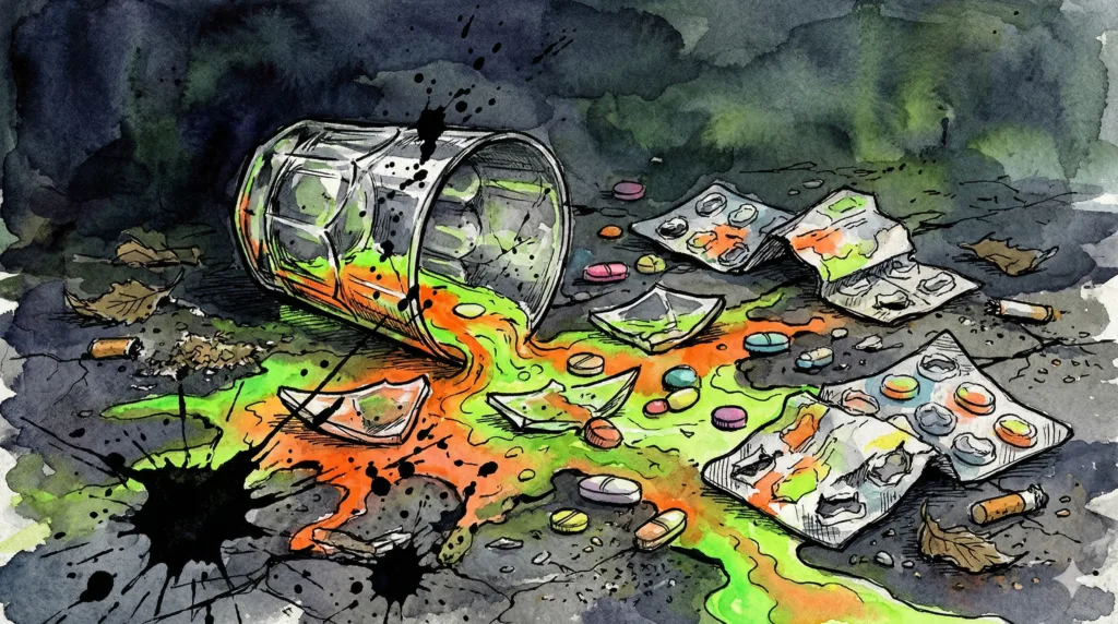 Ein zerbrochenes Glas auf dem Straßenboden, aus dem leuchtend toxische Flüssigkeiten und Tabletten-Blister fließen. Symbol für lebensgefährlichen Mischkonsum.