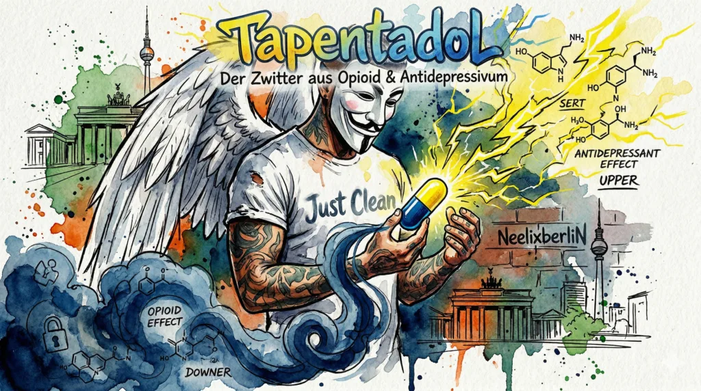 NeelixberliN Markenfigur hält eine leuchtende Pille, die gleichzeitig beruhigenden blauen Rauch und elektrisierende gelbe Blitze verströmt. Symbol für das MOR-NRI Konzept.