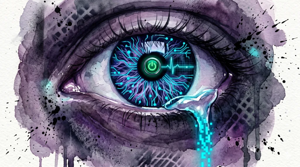 Ein menschliches Auge in Nahaufnahme. In der Pupille spiegelt sich ein verschlüsselter, sicherer Chat, während eine Träne zu digitalen Pixeln wird.