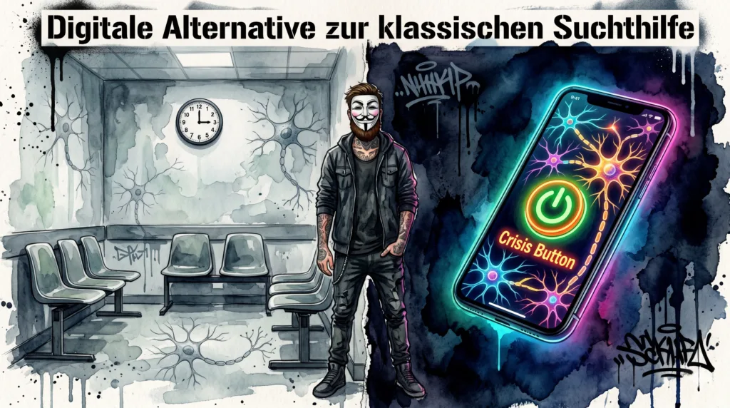 Ein geteiltes Bild: Links ein kaltes, leeres analoges Wartezimmer nachts um 3 Uhr. Rechts ein leuchtendes Smartphone mit einem digitalen Crisis Button. Die NeelixberliN Figur verbindet beide Welten.