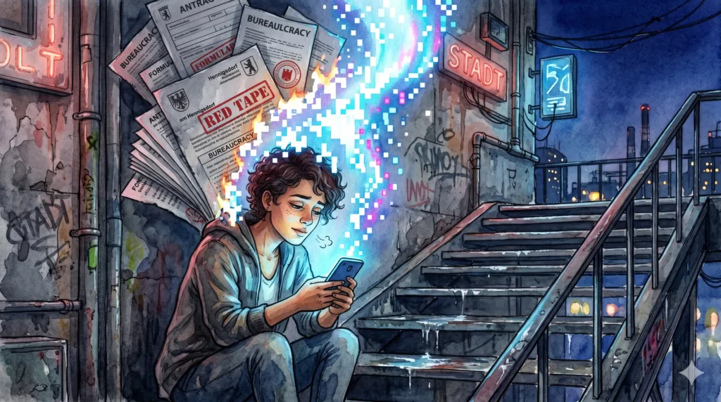 Eine erschöpfte Person sitzt nachts auf einer Treppe, erleuchtet von einem Smartphone. Über ihr verbrennen und lösen sich graue, bürokratische Dokumente in digitale Pixel auf.