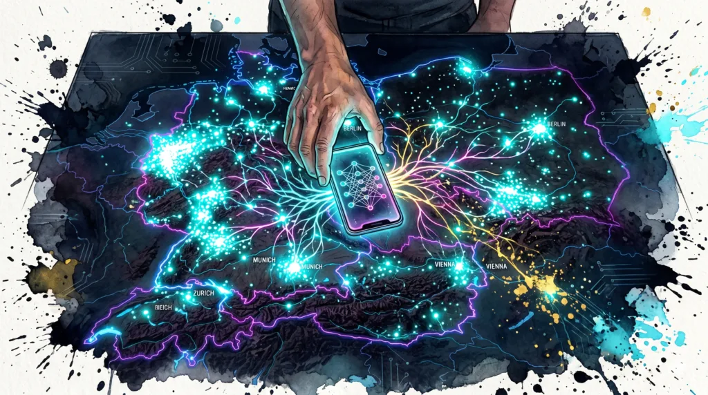 Eine leuchtende Karte von Deutschland, Österreich und der Schweiz. Ein Smartphone in der Mitte verbindet unzählige leuchtende Punkte auf der Karte miteinander durch digitale Energieströme.