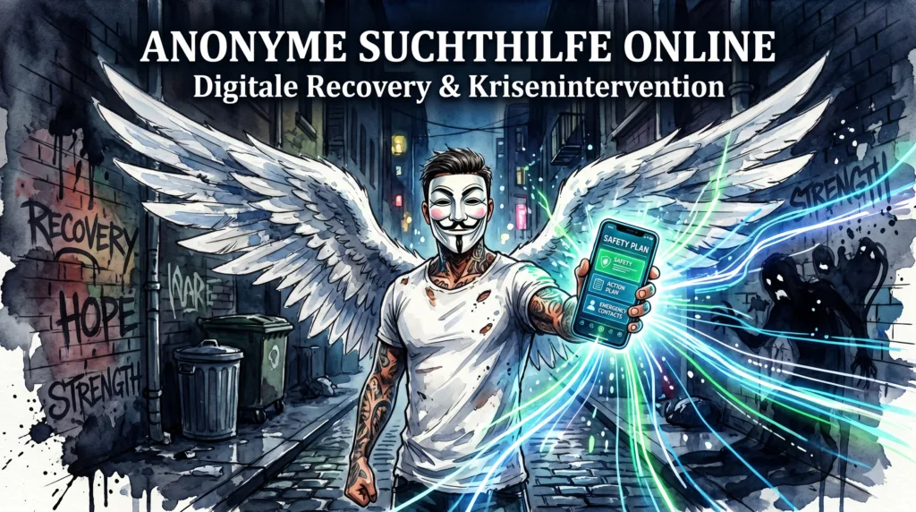 Die NeelixberliN Marken-Figur nutzt den digitalen Safety Plan auf einem leuchtenden Smartphone, um die dunklen Schatten der Sucht und Scham zurückzudrängen.