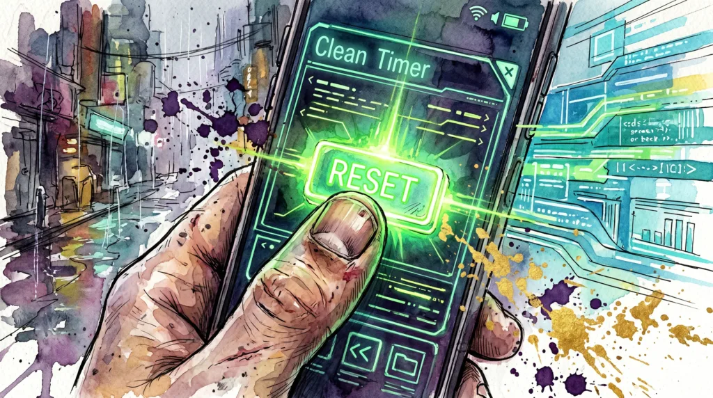 Nahaufnahme eines Daumens, der auf einem Smartphone den leuchtenden "Reset"-Button eines Clean Timers drückt. Im Hintergrund lösen sich dunkle Straßenschatten in leuchtende Gold- und Cyantöne auf.