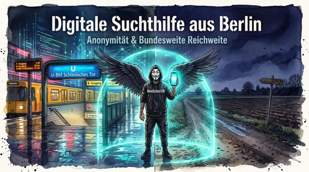 Ein geteiltes Bild: Links eine urbane Berliner U-Bahn-Station, rechts eine dunkle, isolierte Landstraße. Die NeelixberliN-Figur verbindet beide Welten mit einem leuchtenden Smartphone.