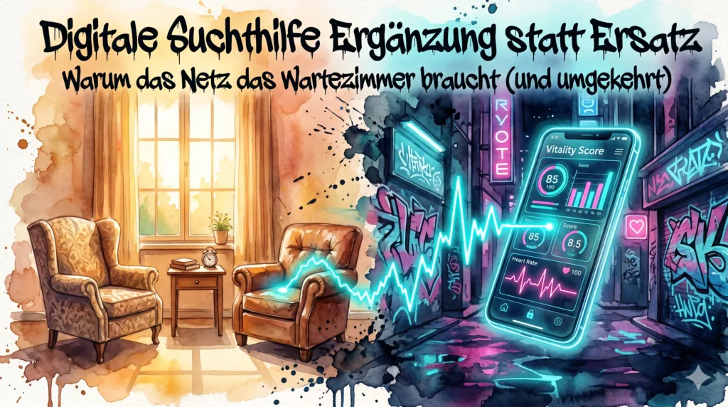 Geteiltes Bild: Links ein analoger, warmer Therapieraum, rechts ein High-Tech Smartphone mit Suchthilfe-App im urbanen Neonlicht. Beide Seiten sind durch einen digitalen Datenstrom verbunden.