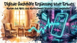Geteiltes Bild: Links ein analoger, warmer Therapieraum, rechts ein High-Tech Smartphone mit Suchthilfe-App im urbanen Neonlicht. Beide Seiten sind durch einen digitalen Datenstrom verbunden.