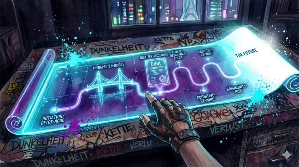 Eine Hand zeichnet den Weg auf einer leuchtenden, digitalen Roadmap nach, auf der Wegpunkte wie "Therapeuten-Bridge" und "DiGA" zu sehen sind.