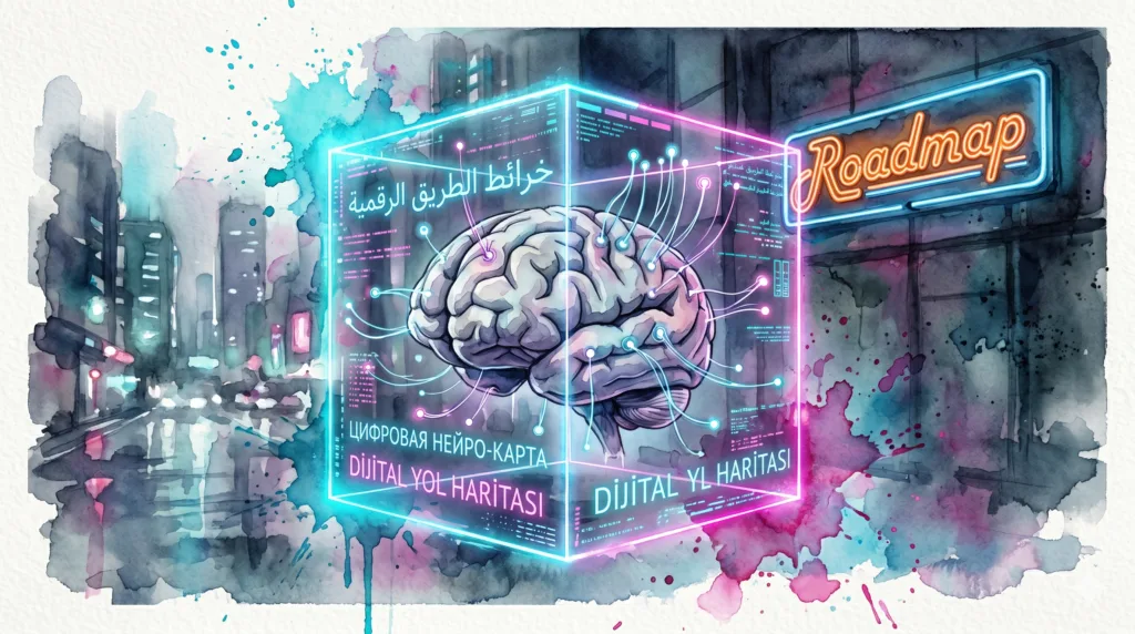 Ein holographisches Gehirn in einem digitalen Würfel, das mit VR-Knotenpunkten und Übersetzungstechnologie verbunden ist. Symbolisiert die zukünftige Roadmap der digitalen Suchthilfe.