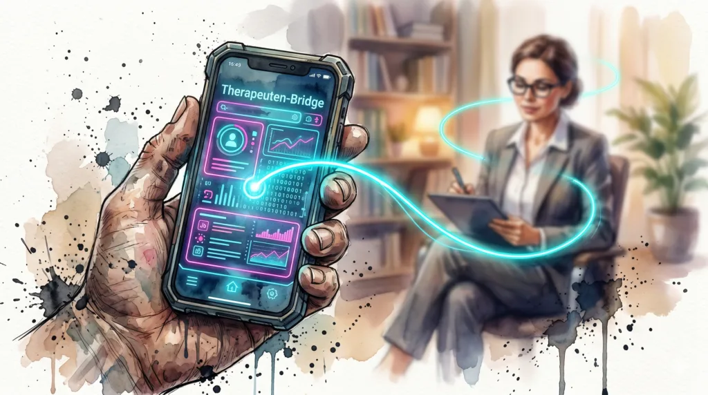 Eine Hand hält ein Smartphone, aus dem eine digitale Datenleitung (Therapeuten-Bridge) zu einem Therapeuten im Hintergrund verläuft, um analoge Therapie mit digitalen Daten zu verknüpfen.