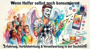 Symbolbild zu Suchthilfe, eigener Betroffenheit, Social Media und Vorbildwirkung mit NeelixberliN-Figur zwischen Hilfe und Konsumsignalen.