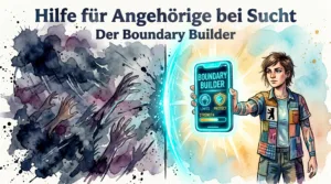 Die NeelixberliN Figur nutzt ein leuchtendes Smartphone mit dem Boundary Builder, um ein schützendes Kraftfeld gegen den chaotischen Schattensturm der Sucht zu errichten.
