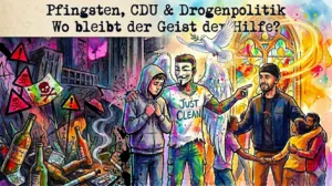 Symbolbild zu Pfingsten, Drogenpolitik und Suchthilfe mit Kirche, Politik, Suchtmitteln und einem Jugendlichen zwischen Scham und Hoffnung.