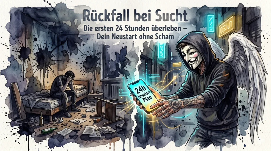 Ein geteiltes Bild: Links das dunkle Chaos nach einem Rückfall, rechts reicht die NeelixberliN Figur rettend ein Smartphone mit einem leuchtenden 24-Stunden-Neustart-Plan durch die Dunkelheit.
