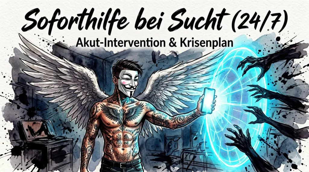 Die NeelixberliN Marken-Figur nutzt das leuchtende Smartphone als Schutzschild gegen dunkle Schattenhände, um einen Sucht-Rückfall durch den Crisis Button abzuwehren.