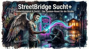 Die NeelixberliN Figur reicht einer erschöpften Person in einer dunklen Gasse ein leuchtendes Smartphone. Das Display zeigt über StreetBridge den Weg zur rettenden Notunterkunft.