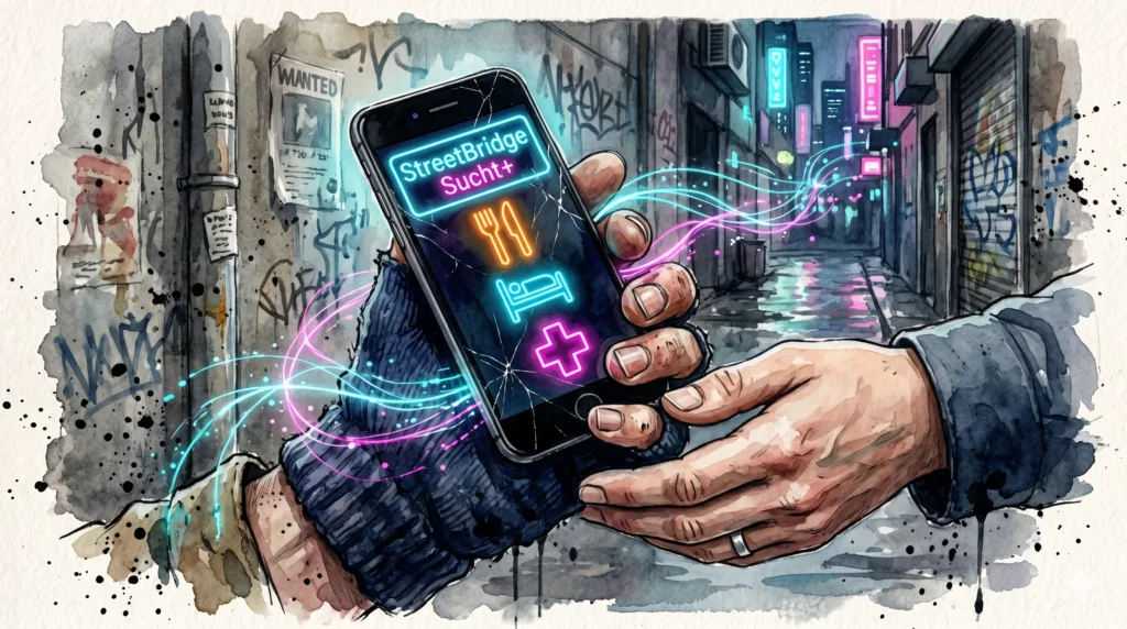 Zwei Hände, die eines Streetworkers und die einer obdachlosen Person, halten gemeinsam ein Smartphone mit der StreetBridge App. Symbole für Essen, Schlaf und Hilfe leuchten auf.