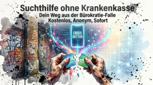 Zwei Hände zerbrechen eine Plastik-Krankenversichertenkarte. Aus den Trümmern entsteht ein leuchtendes Smartphone mit einem digitalen Crisis Button.